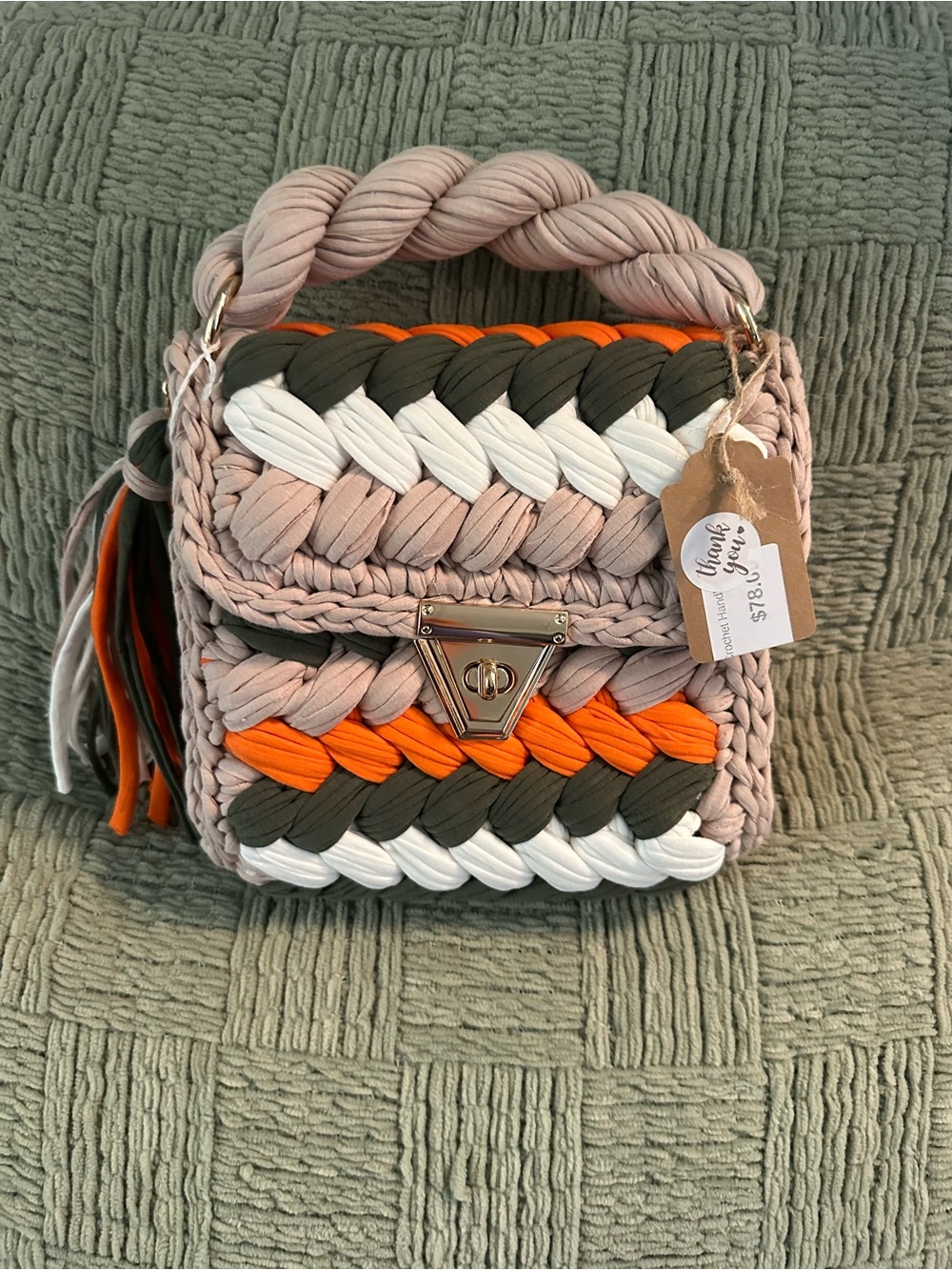 Handwoven Braided Crossbody Bag in Blush, Olive, White & Orange